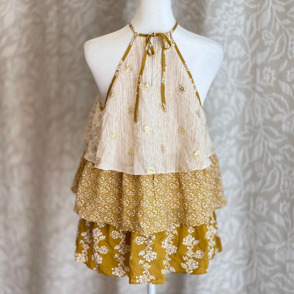 NWT LC Lauren Conrad Tiered Halter Top Mustard Yellow Floral Boho Cottage Size S - Picture 4 of 6